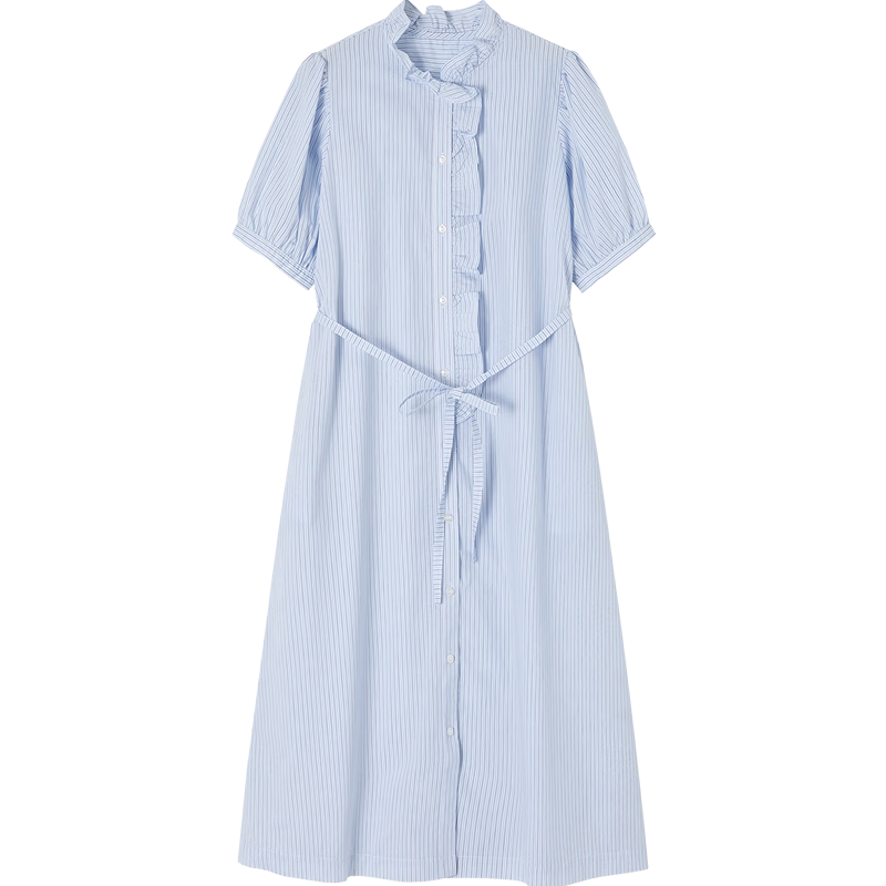 Demana French Romantic Summer Cloud Cotton Striped Ruffle Collar Waist-Slimming Dress for Women Premium Quality