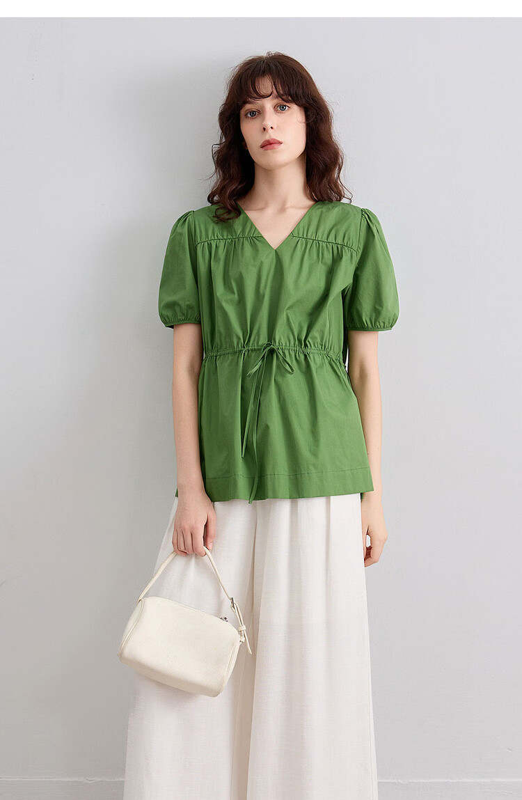 Demana Pure Cotton Light Life Summer Minimalist V-Neck Drawstring Shirt Loose Comfortable Short Sleeve Blouse Women's Top 19