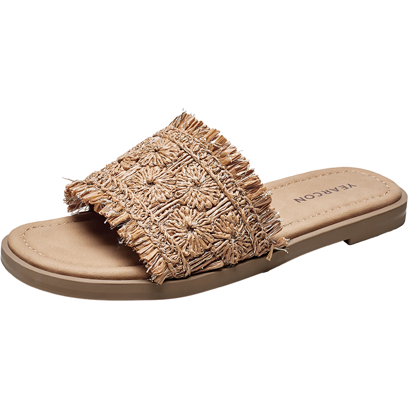 Eierkang Women's Woven Thin Sole Slide Sandals Vacation Casual Flat Flip Flops 29024W Brown Size 37