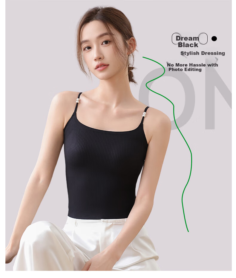 Herbal Original Color Women's Camisole Vest with Invisible Seamless Bra, Light Thin Pearl Thin Straps, Padded Base Layer, Beautiful Back Vest for All Seasons 14
