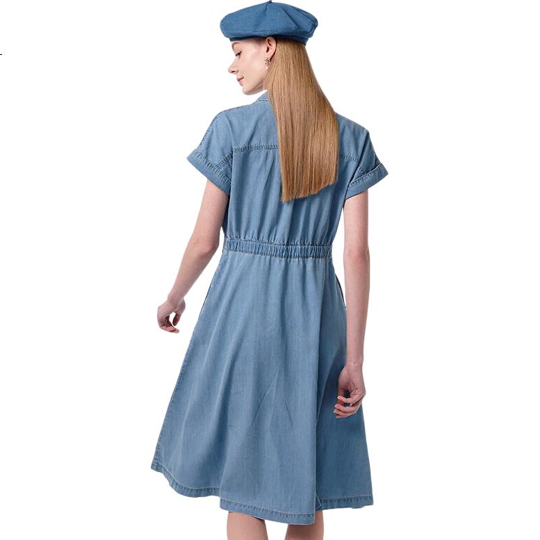 HAZZYS Women's Clothing, Summer Ladies' [PHIZ Series] Drop-Shoulder Waist-Cinching Denim Dress for Wome