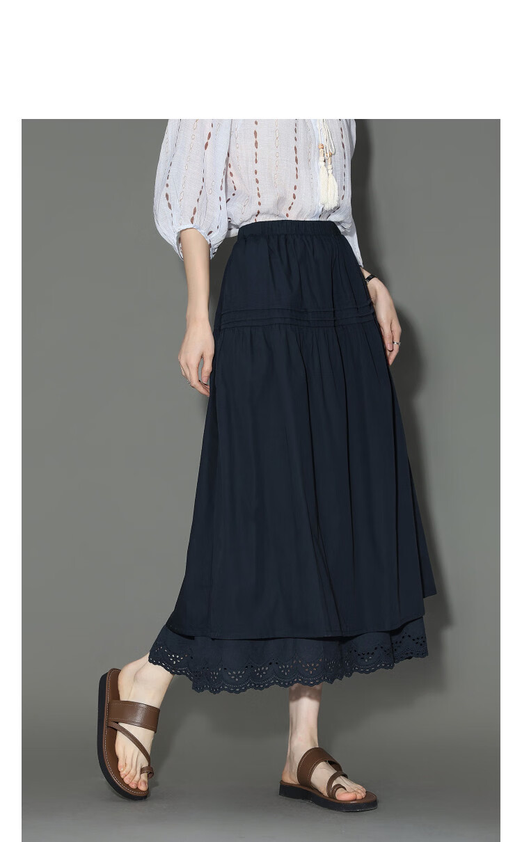 Demana [100% Cotton Poplin] Summer Elastic Waist Lace Splice Mid-Length Loose A-Line Slimming Skirt for Women Premium Quality 14