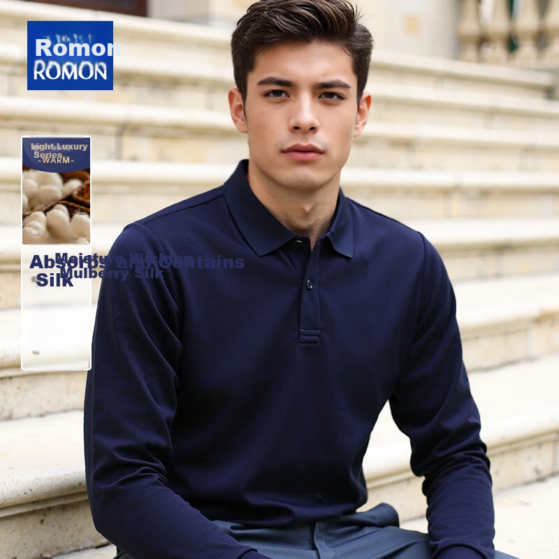 ROMON Men's Autumn Long Sleeve T-Shirt Fashion Polo Collar Sweatshirt Mulberry Silk Autumn Shirt Casual Base Layer Top