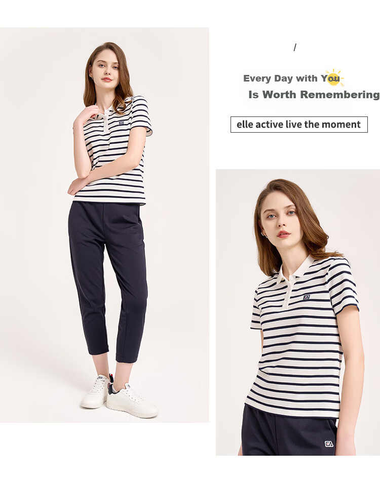 ELLE ACTIVE Vintage Striped Polo Shirt Women's Sports Casual Simple Versatile Comfortable Short Sleeve T-Shirt White/Navy XL 10