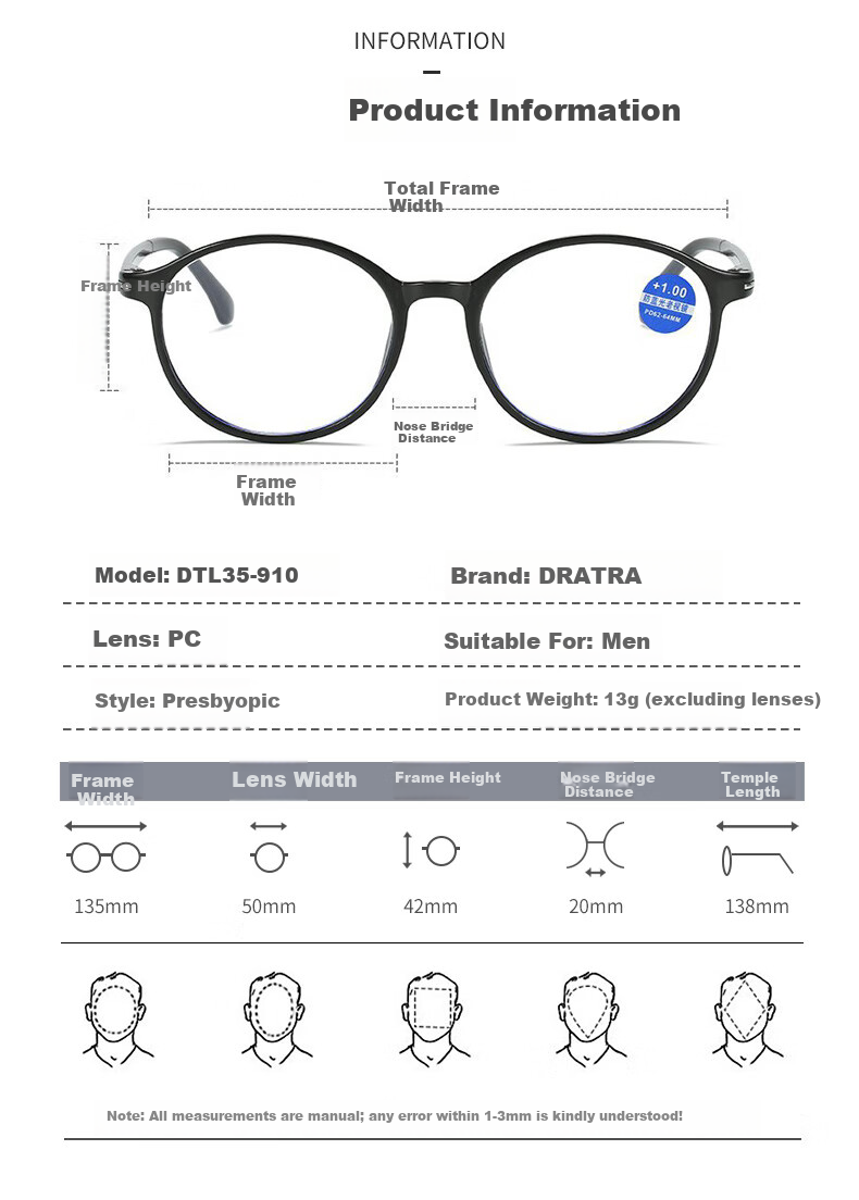 DRATRA HD Reading Glasses for Men Anti-Blue Light Lightweight Portable Round Frame Fashion Classic 7