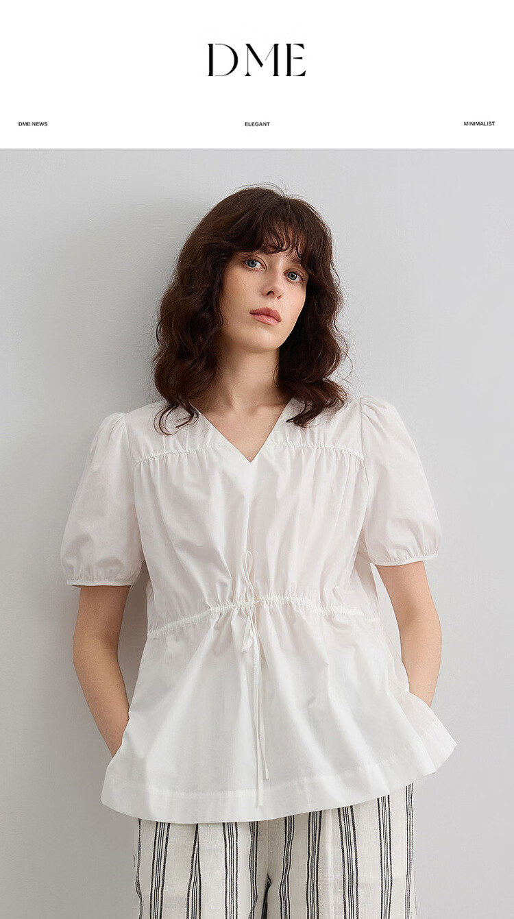 Demana Pure Cotton Light Life Summer Minimalist V-Neck Drawstring Shirt Loose Comfortable Short Sleeve Blouse Women's Top 1