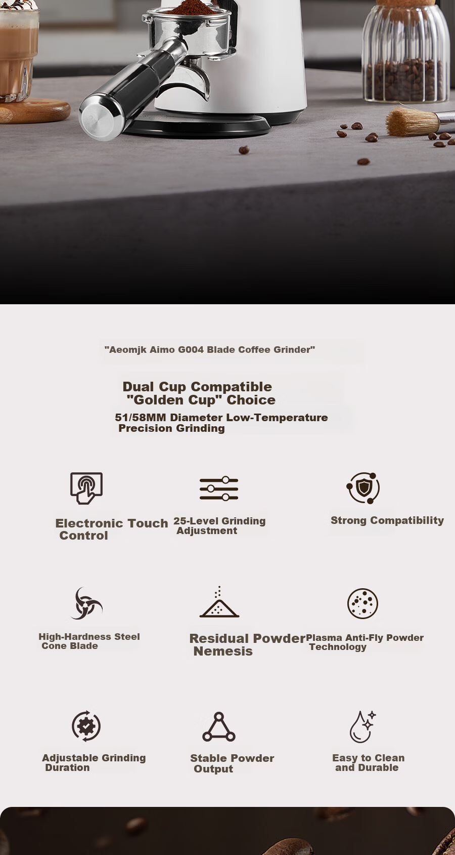 AEOMJK Automatic Electric Coffee Bean Grinder 25-Level Adjustable Home and Commercial Grinder with Commercial Blade G004 4