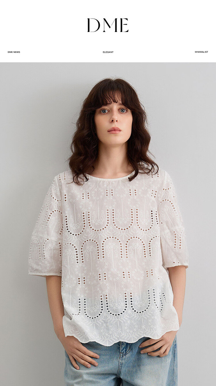 Demana Pure Cotton Light Life Summer Artistic Lace Embroidered Round Neck Shirt with Hem Lace Short Sleeve Blouse for Women 1