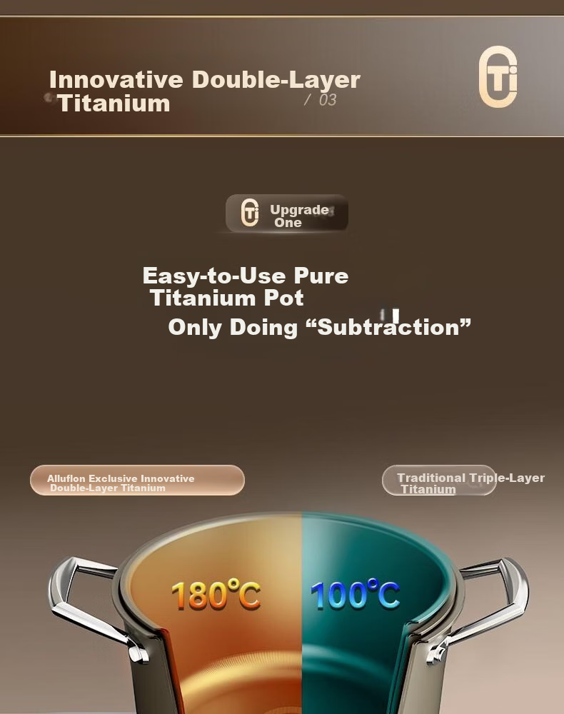 Alluflon Aluflon Pure Titanium Soup Pot Healthy 0-Fluoride Non-Coated Stew Pot Steaming Cooking Induction Gas Stove Compatible 22cm 9