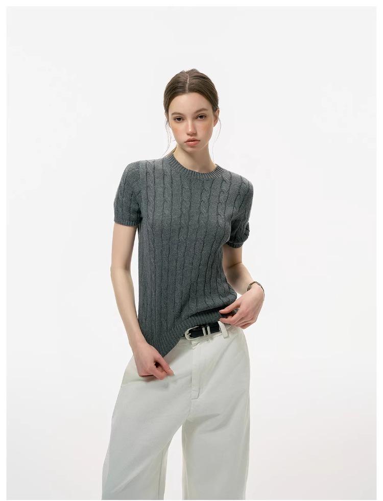 ICH MODE Intelligent Old Money Round Neck Cable Knit Short Sleeve Women's Summer Thin Mesh T-Shirt Pure Cotton Base Top Spring Off-White S 27