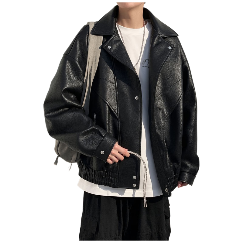 Wu Huangmao Men's American Style Leather Jacket Spring Autumn Vintage Biker Leather Jacket WJ14 Black 2XL