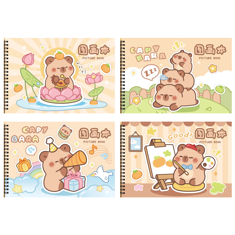 Jiamo Capybara Drawing Book, Children's Art Sketchbook for Kindergarten And Elementary School Students, Blank Workbook for Coloring And Sketching, Set of 4, Gift Pack