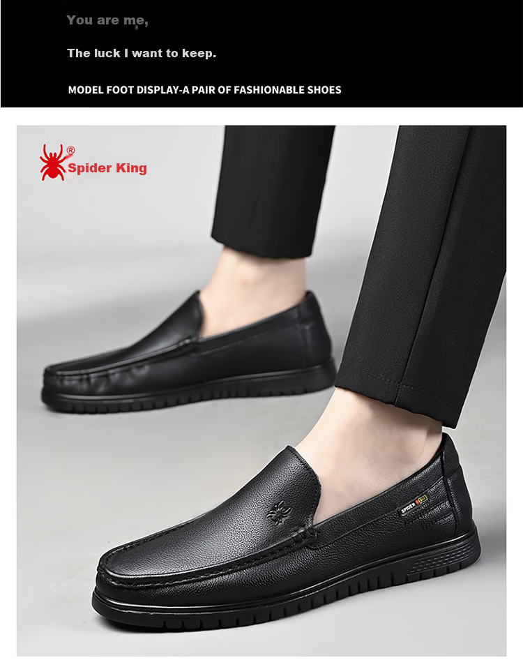 SPIDER KING Men's Shoes, Business Casual Leather Shoes, Lightweight Slip-On Loafers, Cowhide, Middle-Aged Dad Shoes, Black, Size 41 9