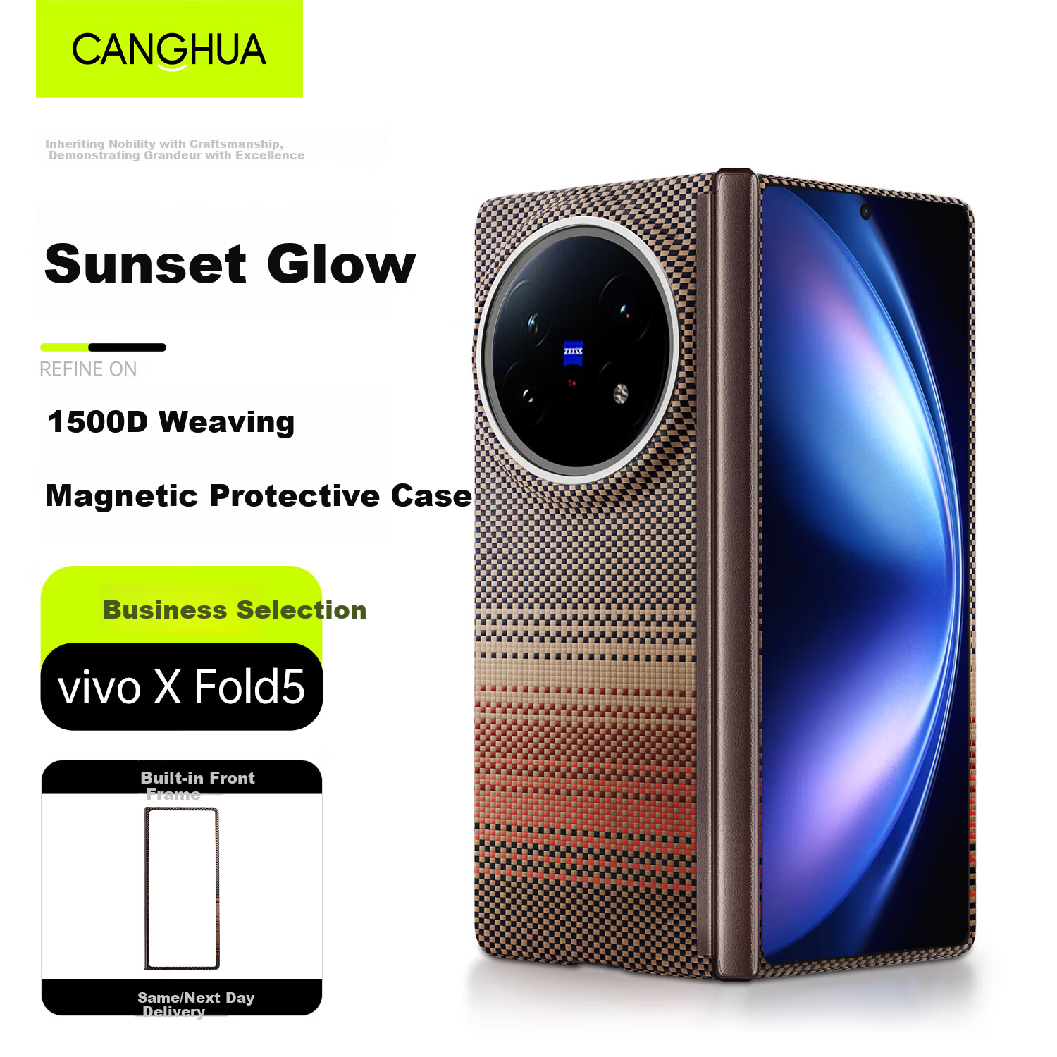 CangHua Full Coverage Magnetic Kevlar Aramid Fiber Case for vivo X Fold5, Slim Business Magnetic Protective Cover Sunset Glow