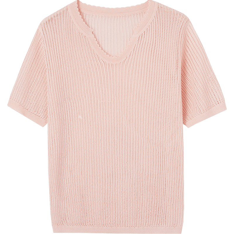 Demana [Breathable Tencel] Summer Elegant V-Neck Hollow Jacquard Slim Fit Short Sleeve Knit Top for Women Premium