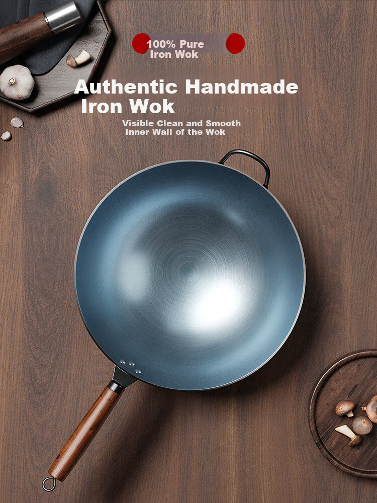 Deming 34CM Carbon Steel Wok Non-Coated Gas Stove Round Bottom Stir-Fry Pan for Home Cooking 3