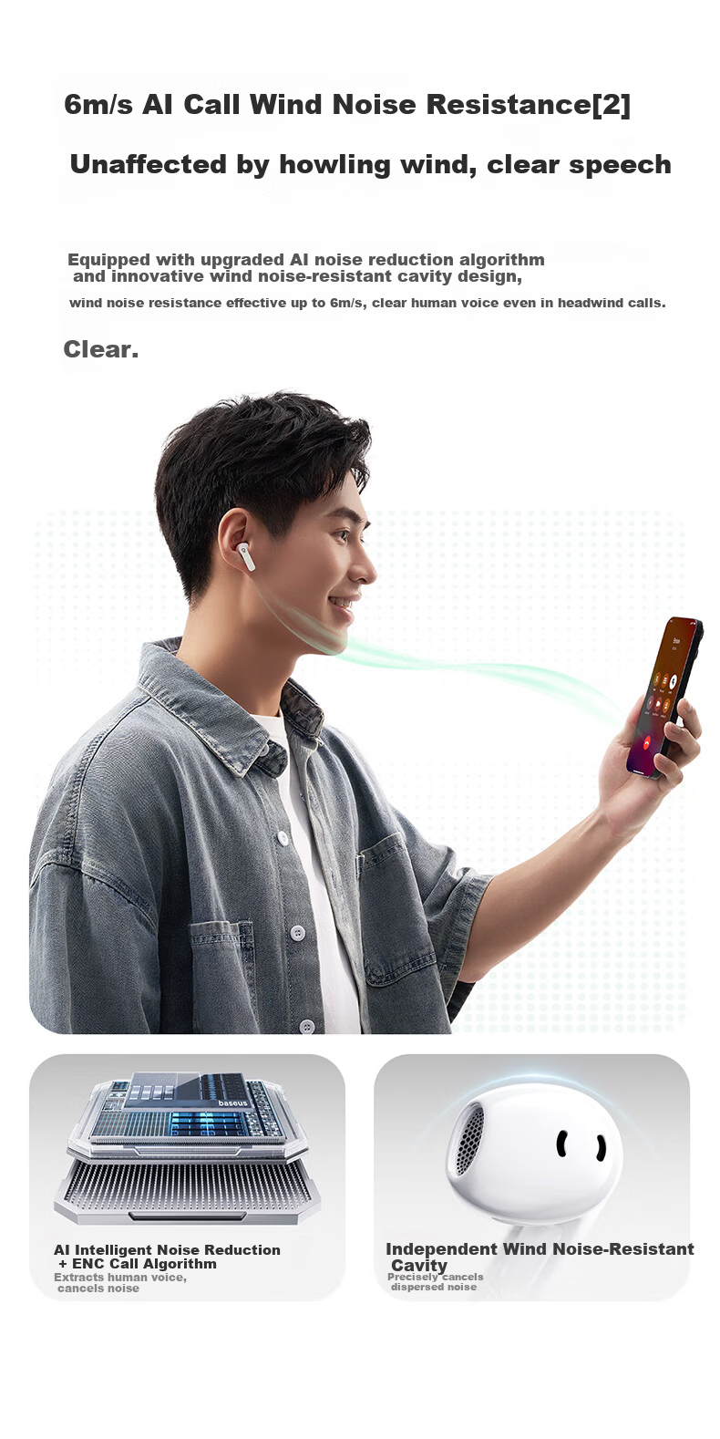 BASEUS BS1NC Semi-In-Ear Active Noise Cancelling AI Bluetooth Earphones Wireless 40H Long Battery Life Comfortable Earbuds for Apple Huawei Vivo Phones Gift 9