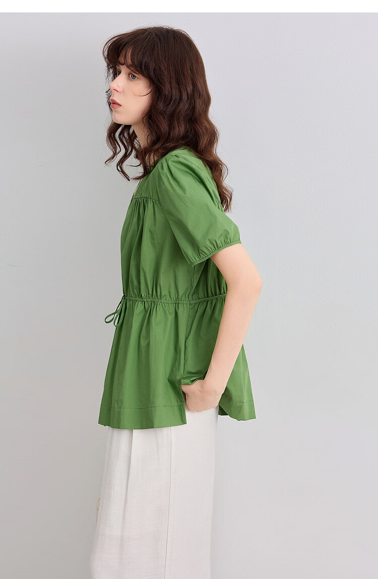 Demana Pure Cotton Light Life Summer Minimalist V-Neck Drawstring Shirt Loose Comfortable Short Sleeve Blouse Women's Top 18