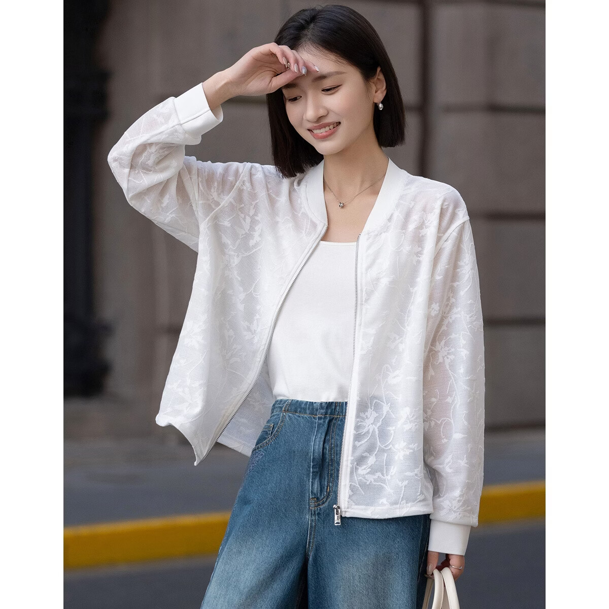 Demana "Hazy Atmosphere" Summer Lightweight Breathable Mesh Jacquard Lace Drawstring Slimming Jacket Premium Feel