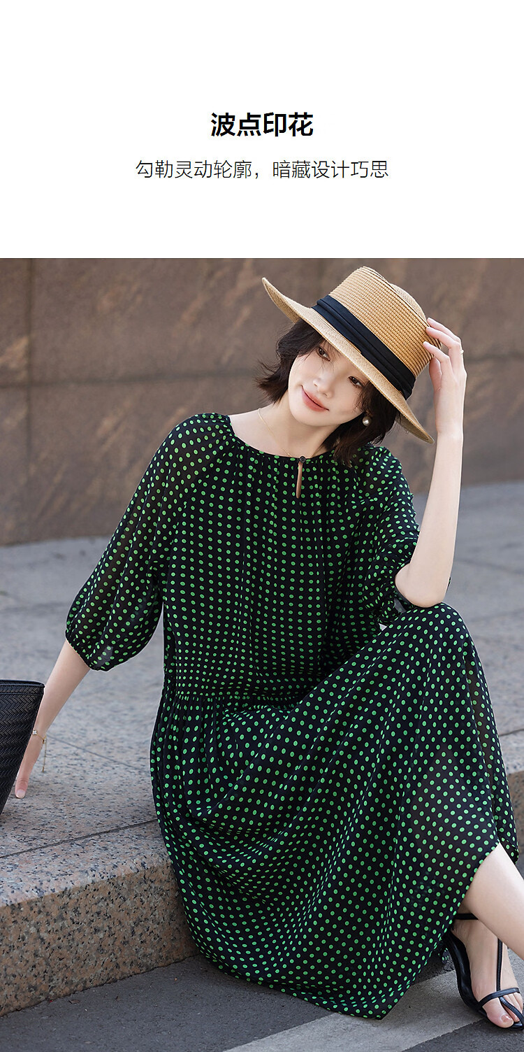 Demana Lightweight Holiday Summer Elegant Pleated Round Neck Polka Dot Loose Slimming Concealing Dress for Women Premium Quality 5