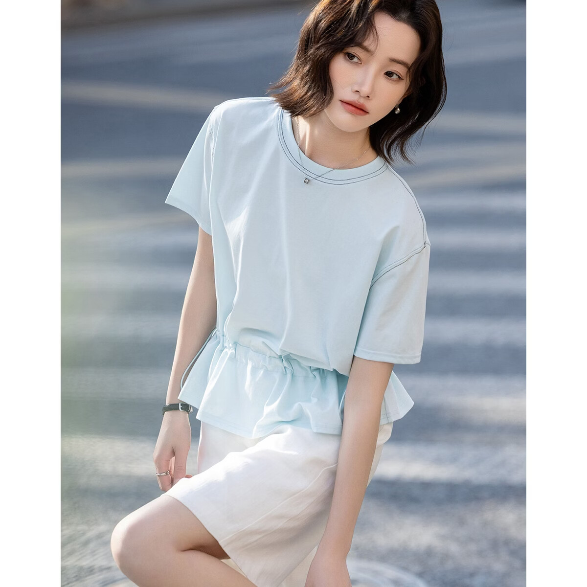 Demana [Cooling Sorona] Summer Anti-Stickiness Round Neck Short Sleeve Drawstring Hem Slimming Concealing T-Shirt for Women Premium