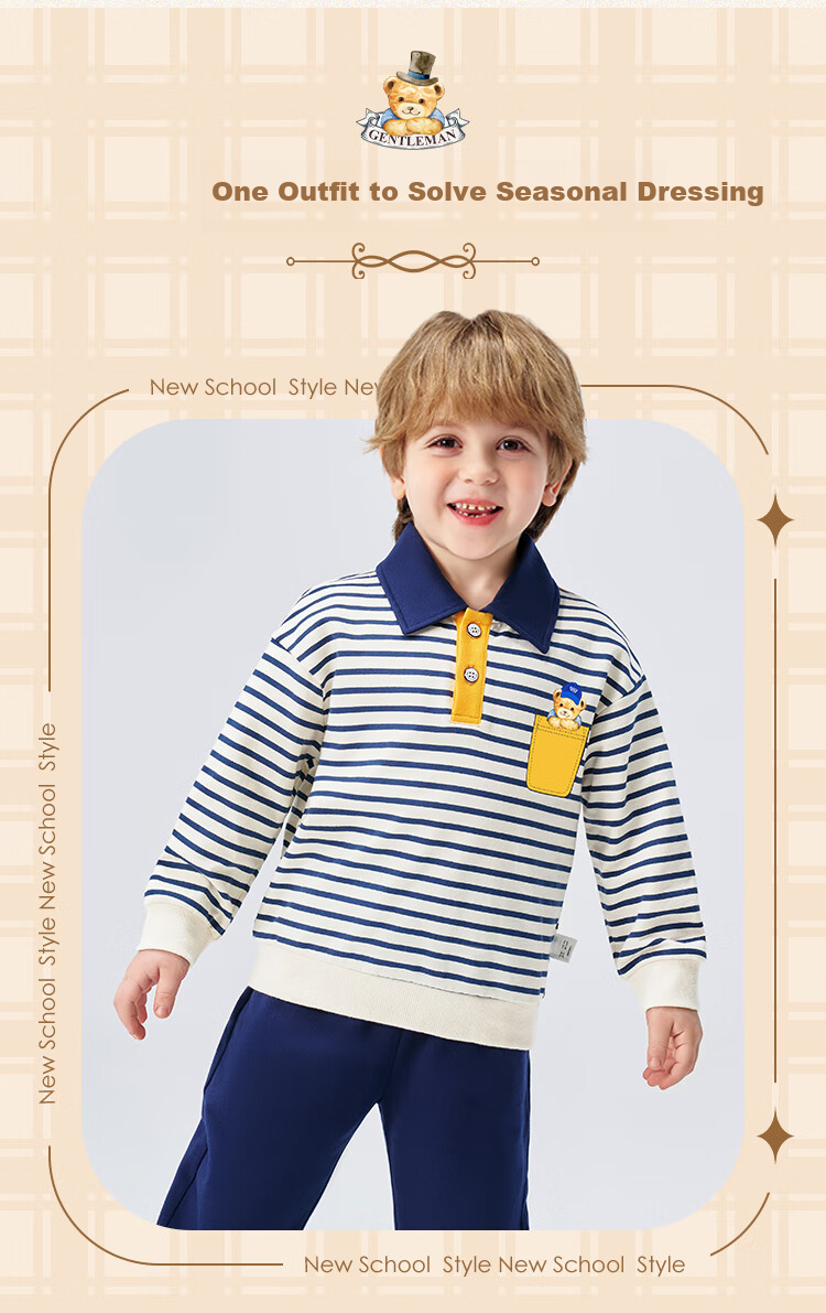 Classic Teddy Boys' Polo Shirt and Sweatpants Set, Dark Blue, Size 120, Spring Collection 5