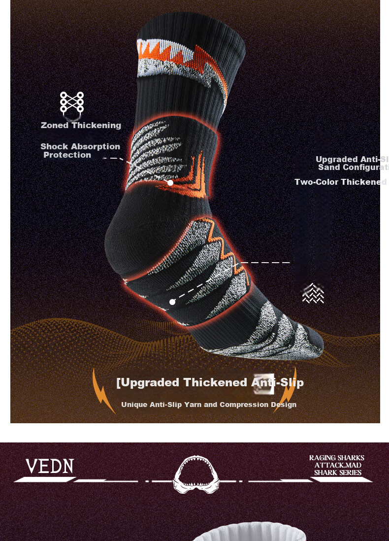 VEIDOORN Basketball Socks Wild Shark Professional Anti-Slip Towel Bottom Thickened Long Tube Sports Running Socks 5