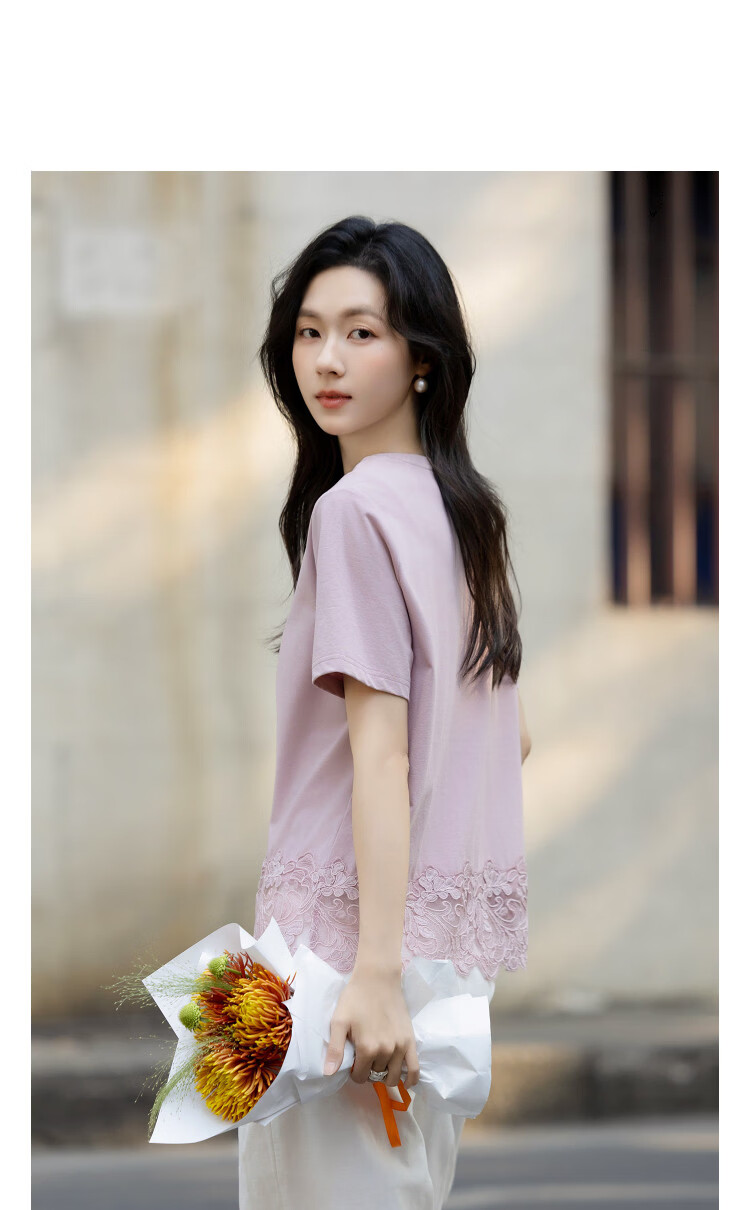 Demana [Qinshuang Solona] Summer Simple Style Rhinestone Lace Trim Letter Slim Fit T-Shirt for Women Premium Feel 14