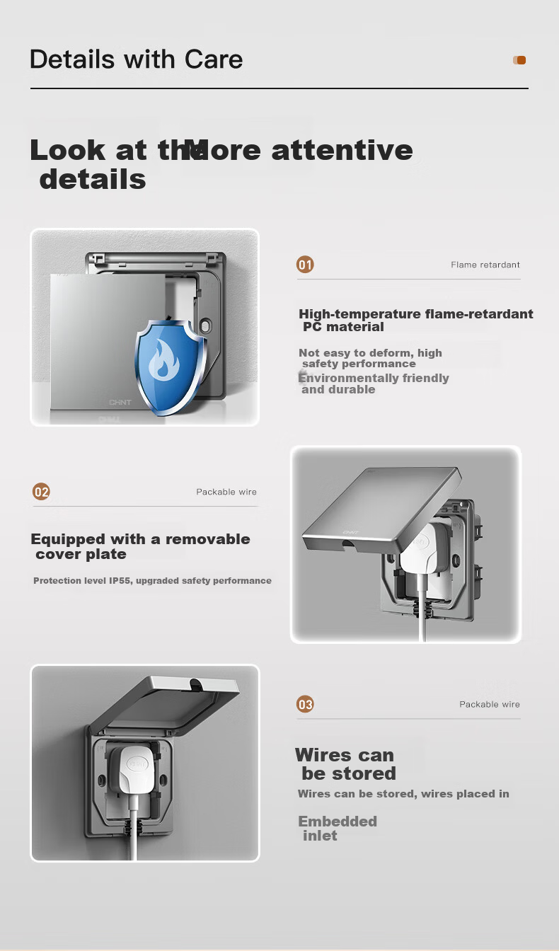 CHNT Waterproof Recessed Socket, 86-Type, Adjustable Depth, Concealed Built-In Socket 11