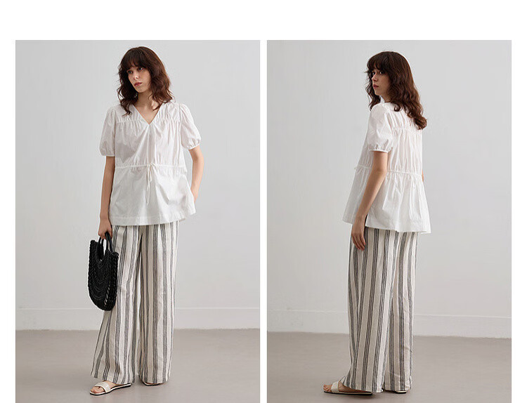 Demana Pure Cotton Light Life Summer Minimalist V-Neck Drawstring Shirt Loose Comfortable Short Sleeve Blouse Women's Top 10