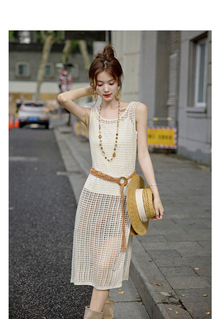 MT Breathable Knit Spring French Vacation Style Hollow Out Sleeveless Side-Slit Mid-Length Women's Dress 3