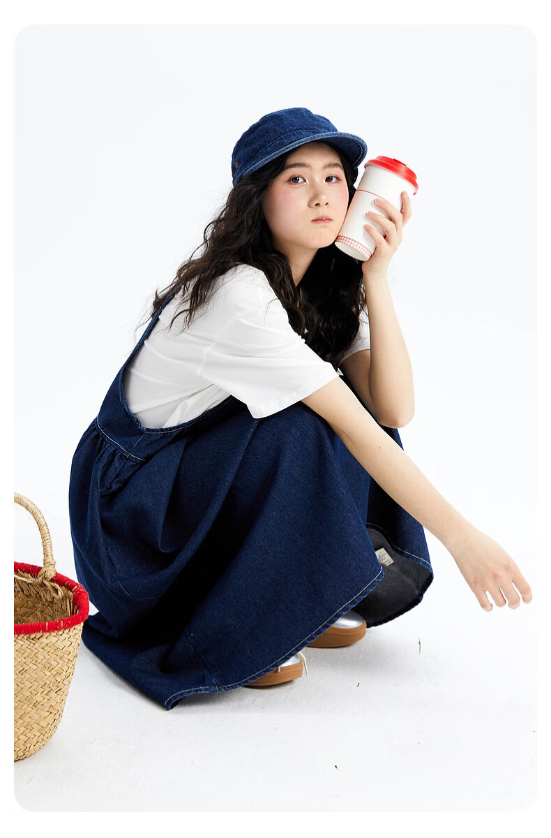 Fulomi Girls' Summer New Fashionable Casual Loose Denim Suspender Dress Blue 150cm 7