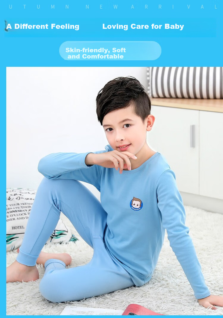Hengyuanxiang Boys' Children's Underwear Set Youth Pure Cotton Mid-Neck Autumn Shirt and Pants Sleepwear for Boys and Students 1