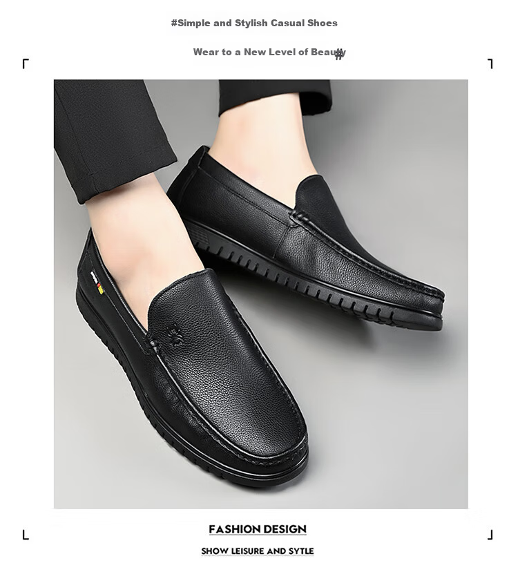 SPIDER KING Men's Shoes, Business Casual Leather Shoes, Lightweight Slip-On Loafers, Cowhide, Middle-Aged Dad Shoes, Black, Size 41 13