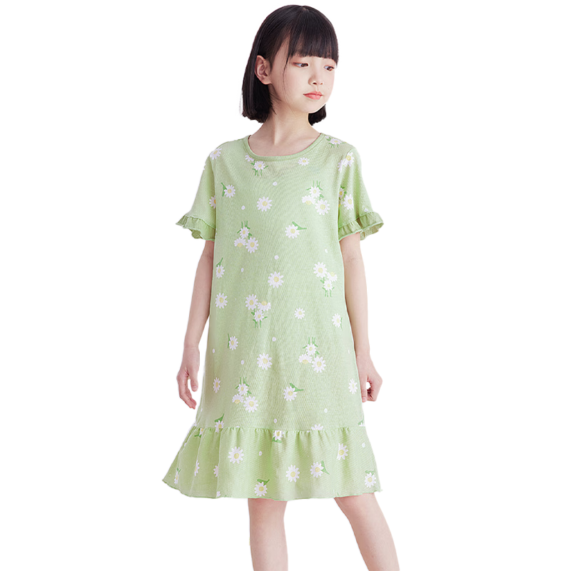 DEESHA Girls' Nightgown, Summer Thin Pure Cotton Mesh Breathable, Little Girl Pajamas, Big Kids Dress, Fruit Green Daisy Pattern, Size 110