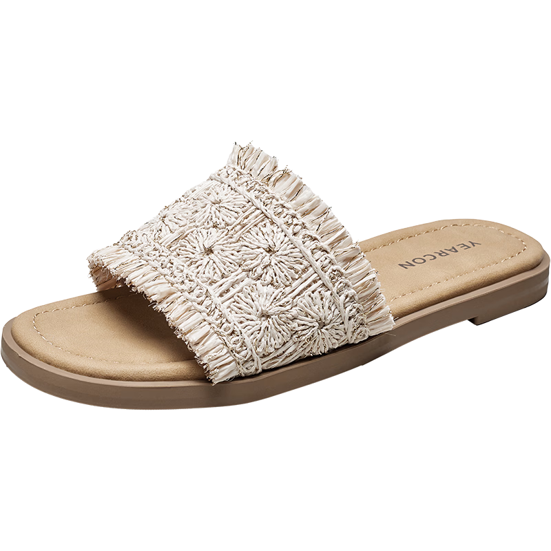 Eierkang Women's Woven Thin Sole Slide Sandals Vacation Casual Flat Slippers 29024W Off-White Size 37