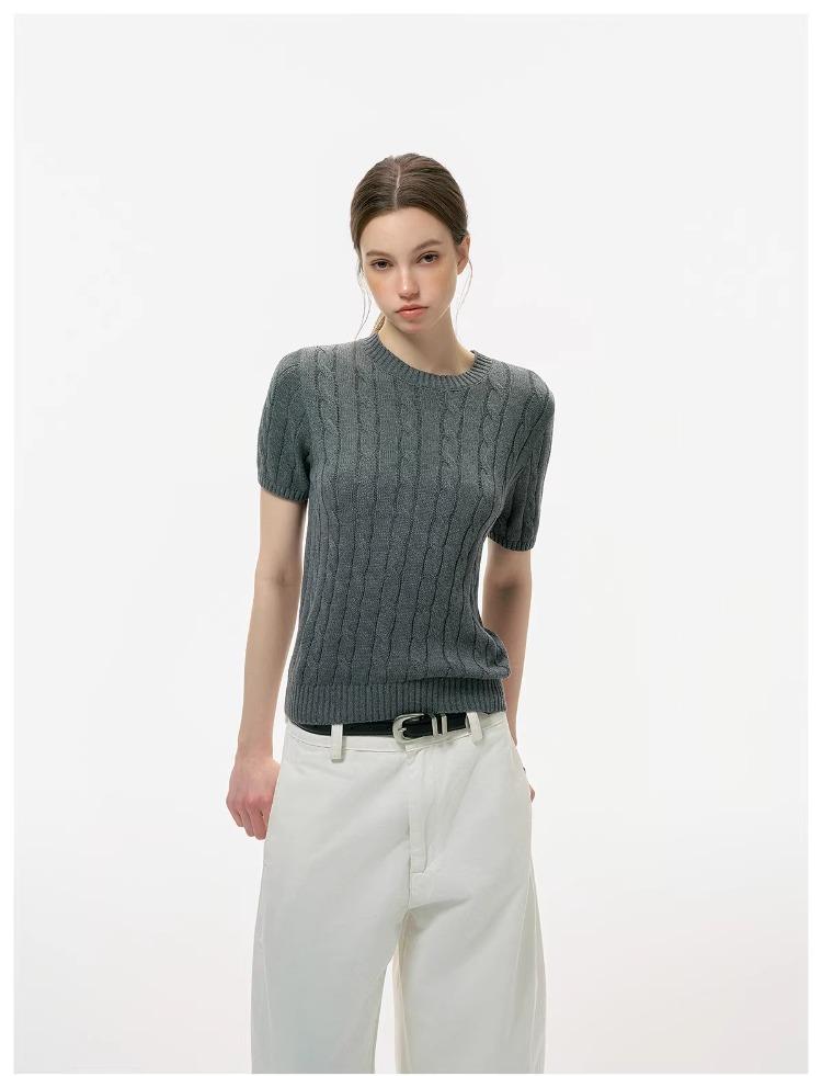 ICH MODE Intelligent Old Money Round Neck Cable Knit Short Sleeve Women's Summer Thin Mesh T-Shirt Pure Cotton Base Top Spring Off-White S 36