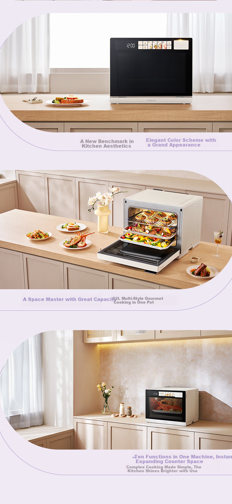CASDON Yang Mi Recommended 32L Countertop Microwave Oven with Steam, Bake, Roast, and Air Fry Functions Dual Convection Purple Flame T8 3