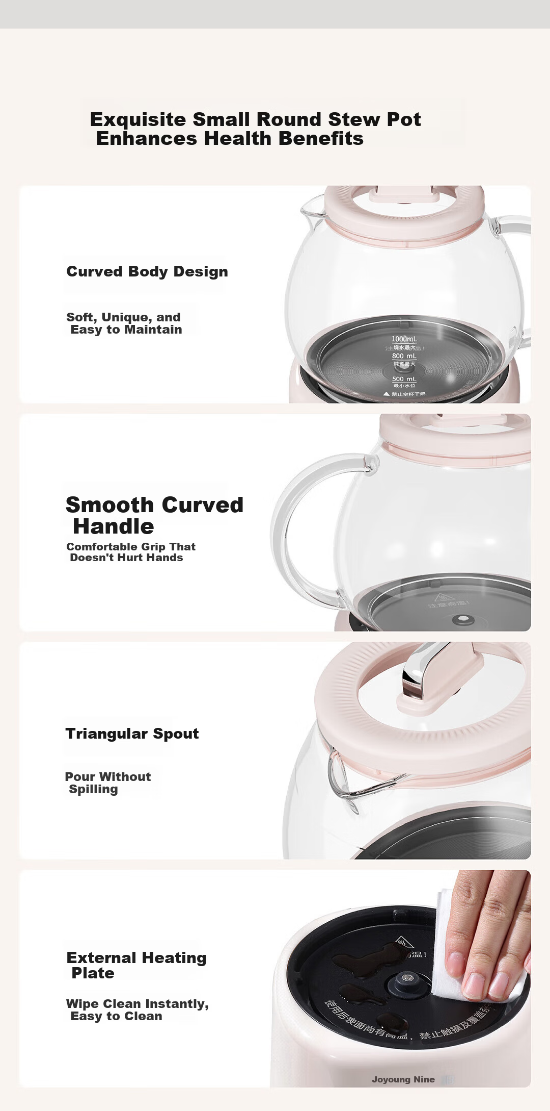 Joyoung 1L Glass Health Pot Temperature Control Kettle Multifunctional Tea Kettle Office Flower Tea Kettle No Glue Water Boiler 24H Reservation 24H Keep Warm K10D-WY102 19