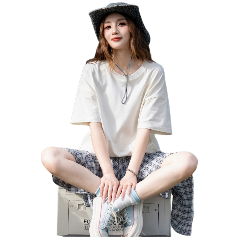 TonLion 2026 Summer Women's Crew Neck Short Sleeve T-Shirt White L