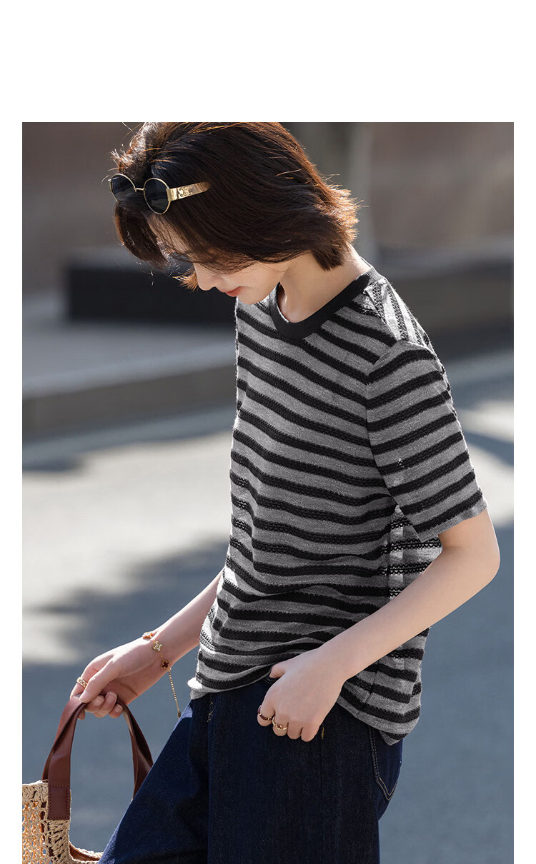 Demana "Piano Overture" Summer Retro Colorblock Round Neck Short Sleeve Stretch Slimming T-Shirt for Women High-End Feel 14