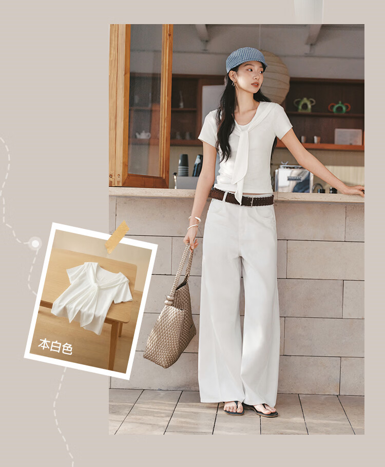 Semir Women's Summer Short Sleeve T-Shirt 2026 Lace Shoulder Shawl Collar Fake Two-Piece Slim Top 109326100024 5