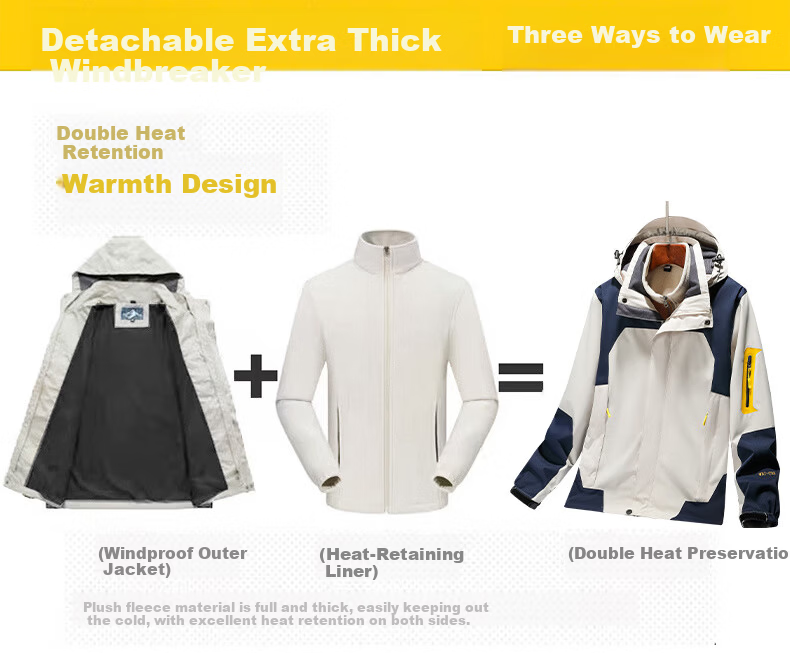 JEEP SPIRIT Men's Ivory White 2XL Three-in-One Thickened Outdoor Sports Jacket Spring Autumn Winter 1