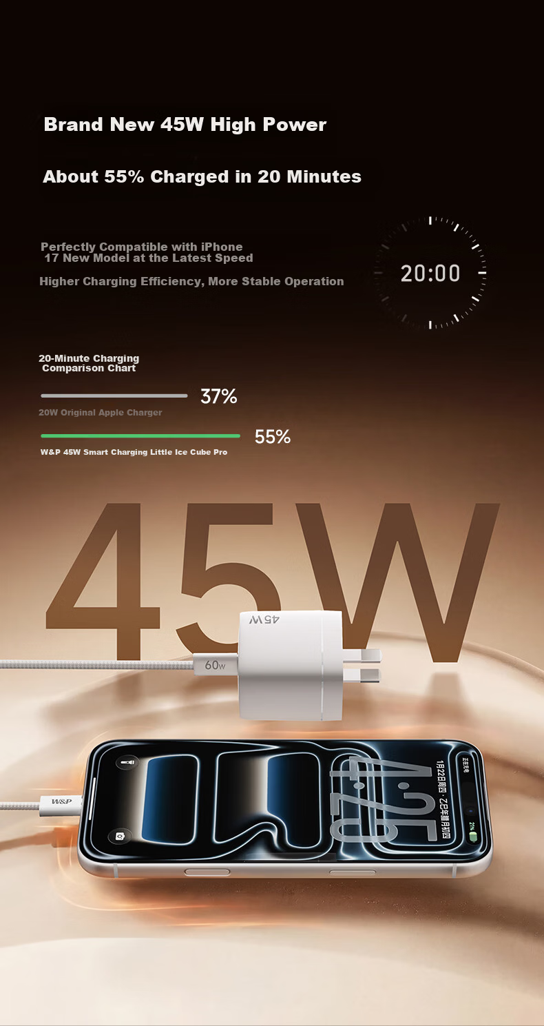W&P 2026 Model Low-Temperature Fast Charger Apple iPhone 17 Pro Max Charger Foldable Plug GaN Low-Temperature 3C Certified 45/35W 8