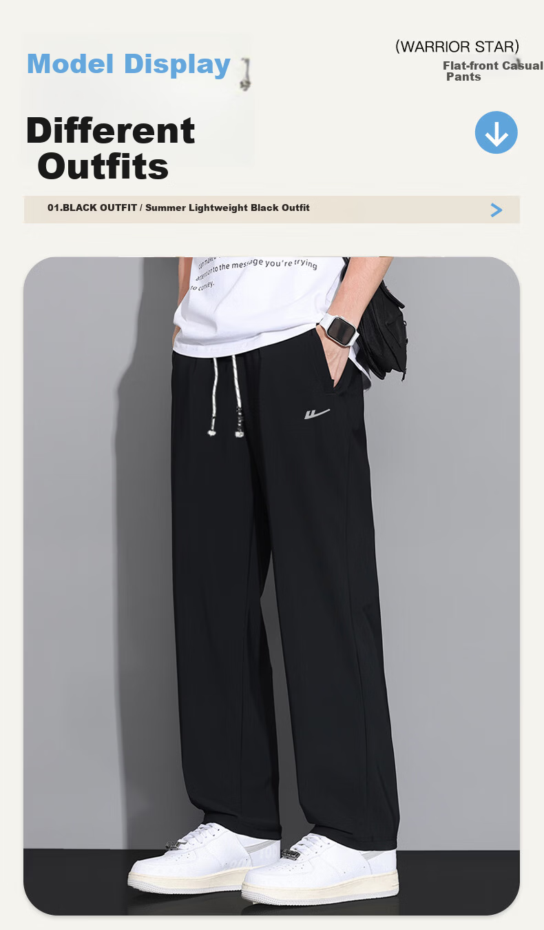 Warrior Casual Pants for Men, Straight-Leg Wide-Leg Trousers, Sports Sweatpants for Men, Versatile Long Pants, Black, Size M 10