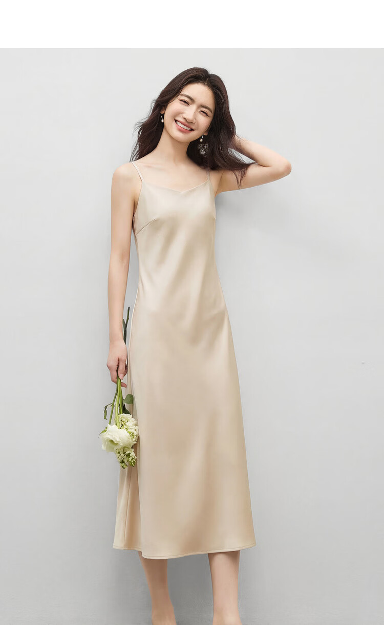 Sentubila Summer Elegant V-Neck Office Camisole Dress, High-End Glossy Sexy Pure Desire Style Mini Dress, Champagne Color, Size L 3