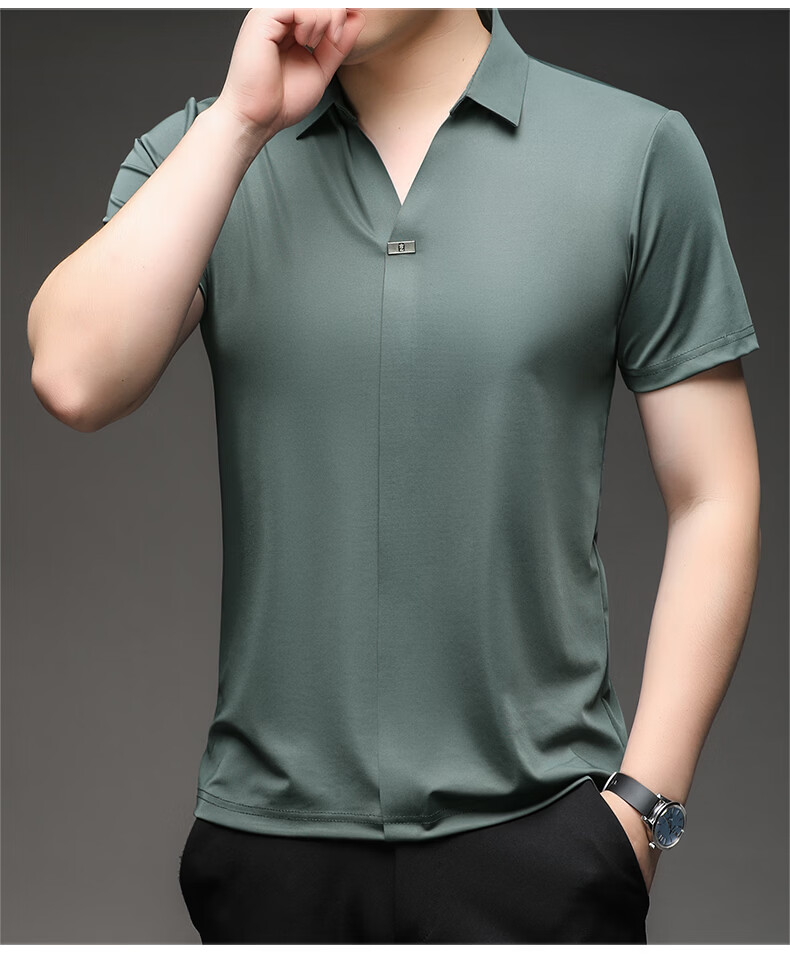 Pierre Cardin Men's Short Sleeve T-Shirt Ice Silk Seamless Slim Fit High-End Business Polo Shirt Blue M Summer 2026 New 10