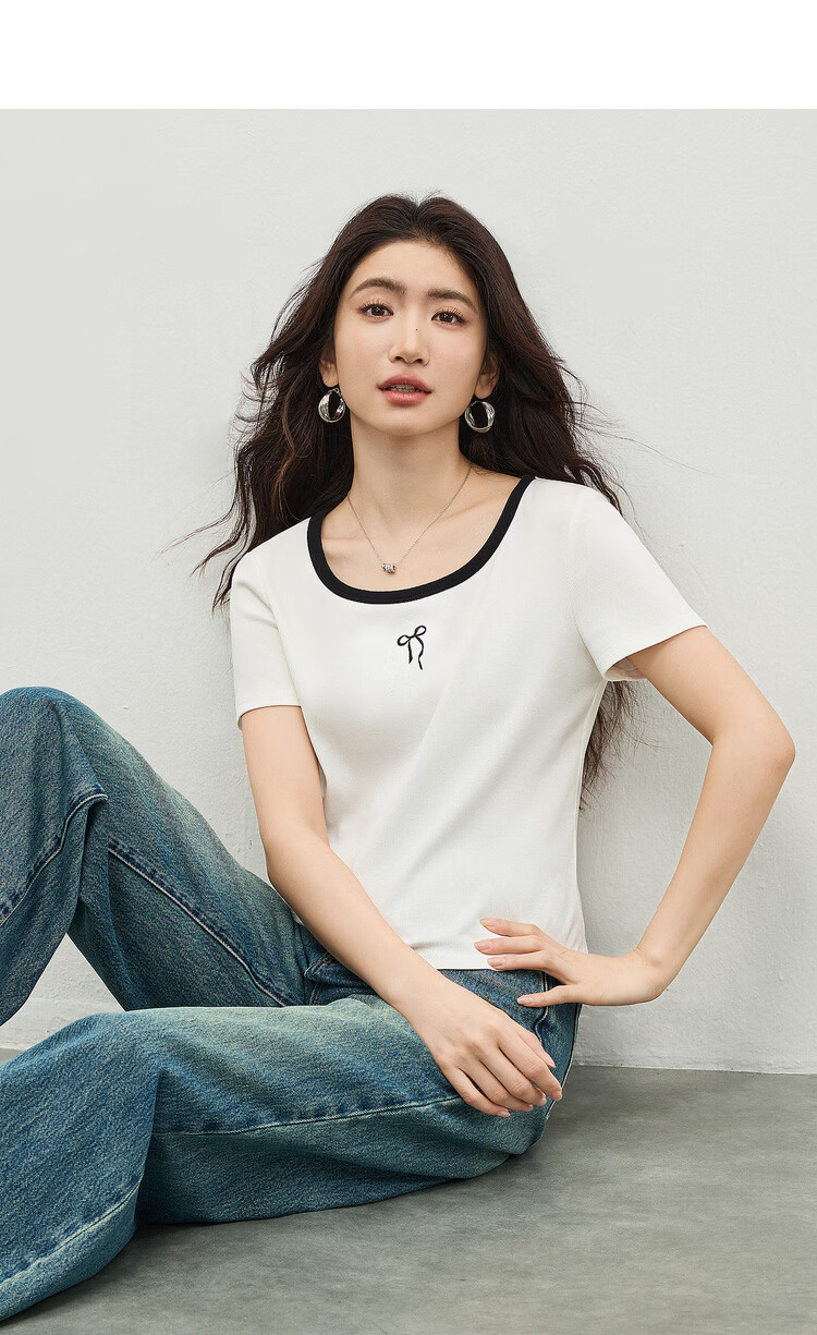 Shangdu Bila Colorblock U-Neck Cotton Blend T-Shirt Women Spring Bow Embroidery Stretch Knit Top Gentle Youthful Temperament Layering 9