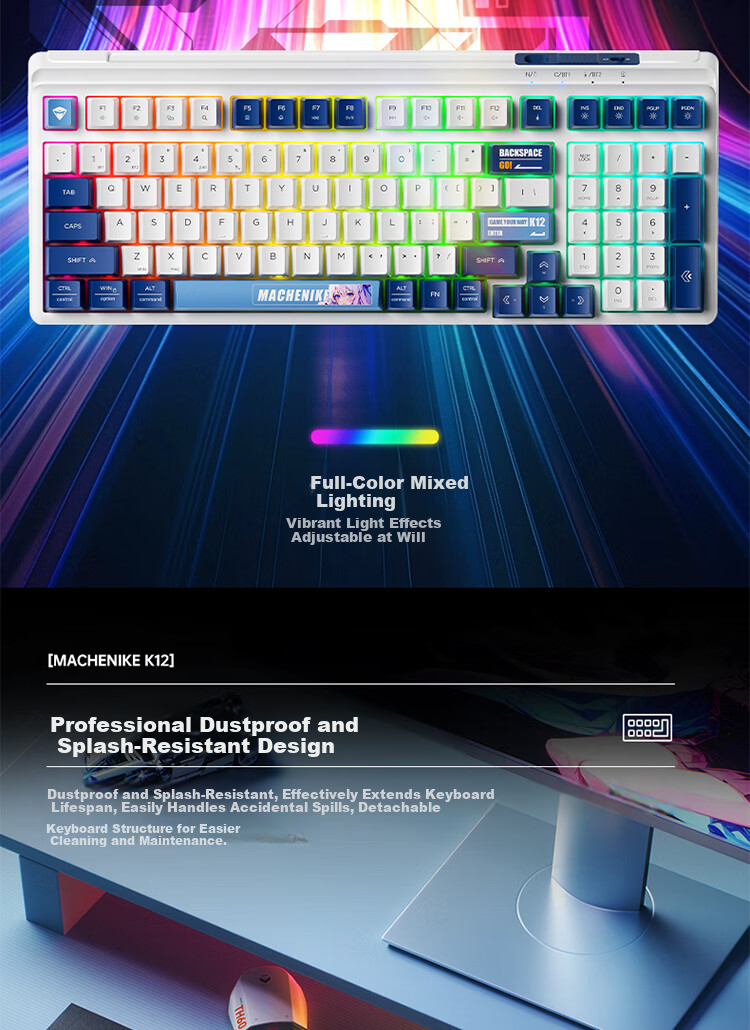 MACHENIKE K12 99-Key Triple-Mode Membrane Keyboard RGB Backlit Dustproof Water-Resistant Gaming Office Keyboard Large Capacity Battery Blue White 6