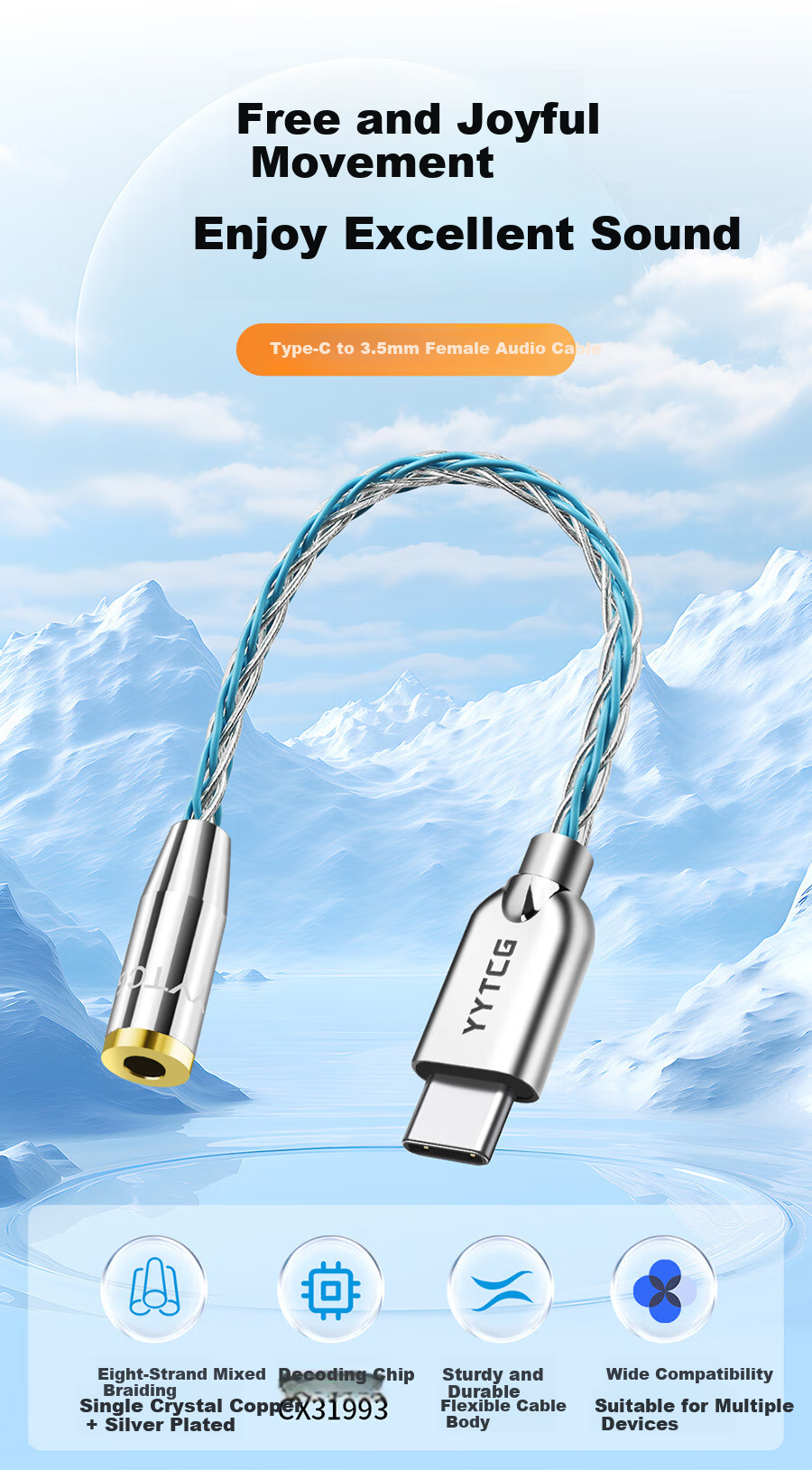 YYTCG Single Crystal Copper Silver-Plated Type-C to 3.5mm Audio Cable CX31993 Chip Headphone Adapter Universal for Apple Xiaomi Samsung Huawei Phones Tablets Speakers Headphones 1